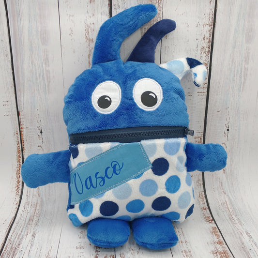 Toutou monstre mangeur de peurs, secrets, etc. - Pois Royal/Marine - Personnalisé au prénom de l'enfant - Bleu royal
