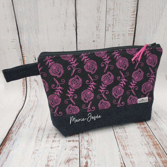 Trousse de voyage - Sac à cosmétiques/maquillage - Étui à crayons - Motifs Fleurs - Noir et Fuchsia/Violet