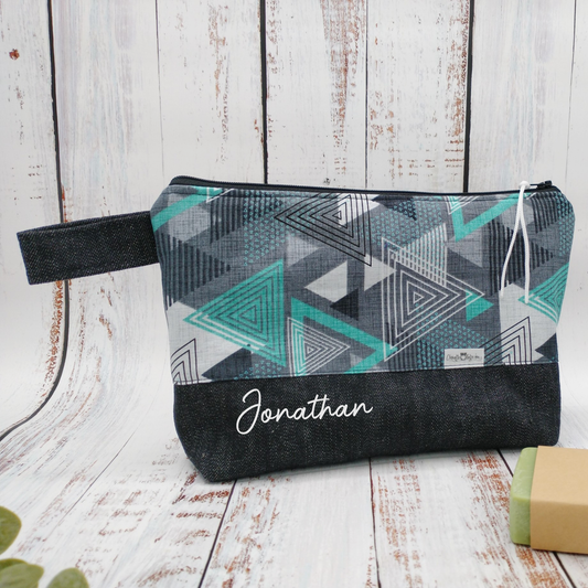 Trousse de voyage - Sac à cosmétiques/maquillage - Étui à crayons - Triangles Aqua/Gris