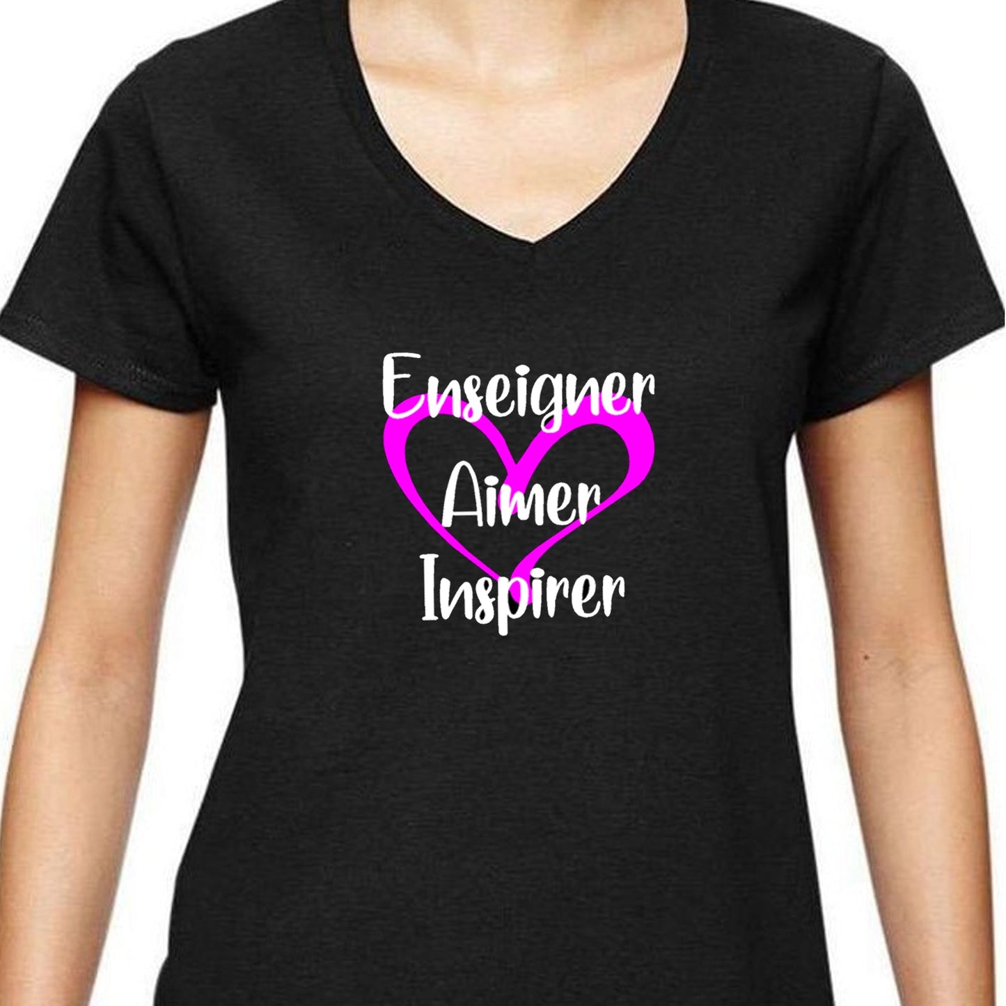 Tshirt / T-shirt pour FEMME à col en V - Enseigner - Aimer - Inspirer