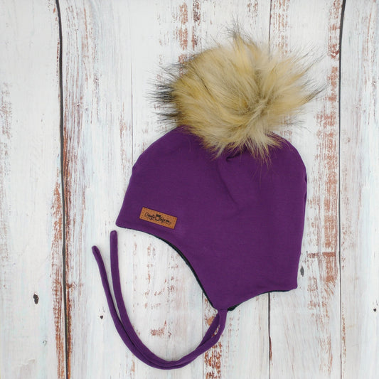ADULTE - Tuque Printemps/Automne (JERSEY) avec Cordons Pompon amovible - UNIE - Aubergine