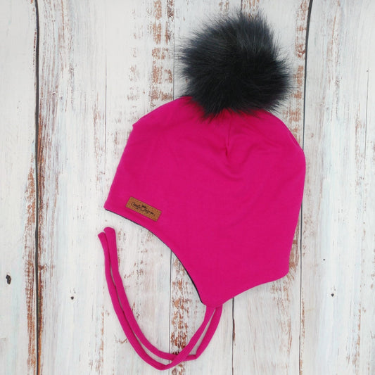 ENFANT - Tuque Hiver (POLAR) avec Cordons  Pompon amovible - Fuschia