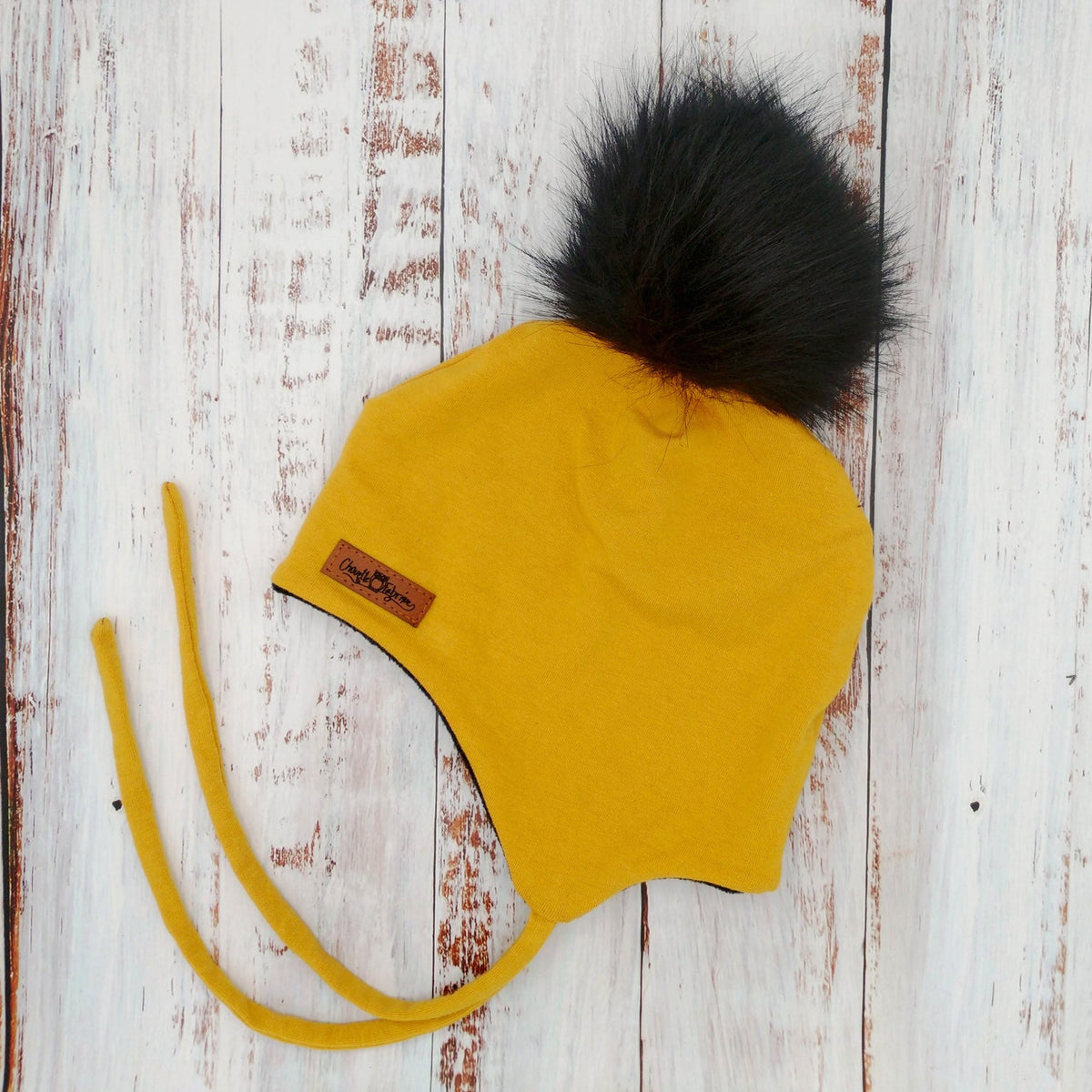 ADULTE - Tuque Hiver (POLAR) avec Cordons  Pompon amovible - Moutarde