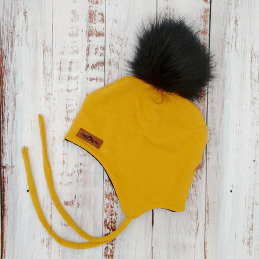 ENFANT - Tuque Hiver (POLAR) avec Cordons  Pompon amovible - Moutarde