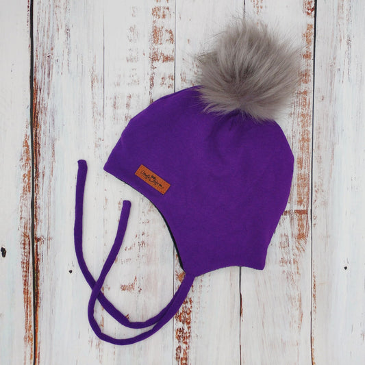 ENFANT - Tuque Hiver (POLAR) avec Cordons  Pompon amovible - Raisin