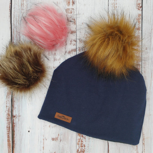ENFANT - Tuque Printemps/Automne (JERSEY) Pompon amovible - UNIE - Marine