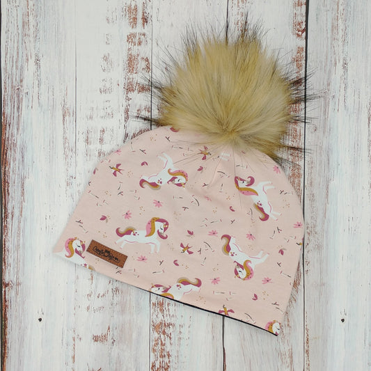 ADULTE - Tuque Printemps/Automne (JERSEY)  Pompon amovible - Licornes sur fond rose pâle