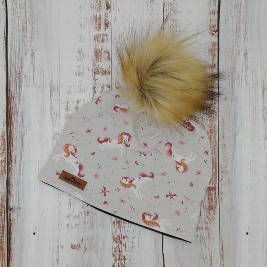 ENFANT - Tuque Printemps/Automne (JERSEY)  Pompon amovible - Licornes sur fond gris/taupe
