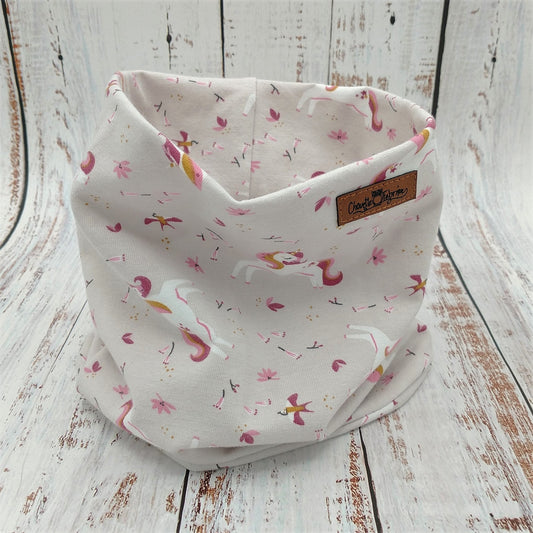 ENFANT - Cache-Cou (JERSEY) Printemps/Automne – Licornes sur fond gris/taupe
