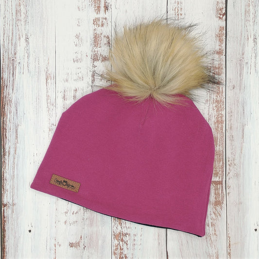 ADULTE - Tuque Printemps/Automne (JERSEY)  Pompon amovible - UNIE - Magenta