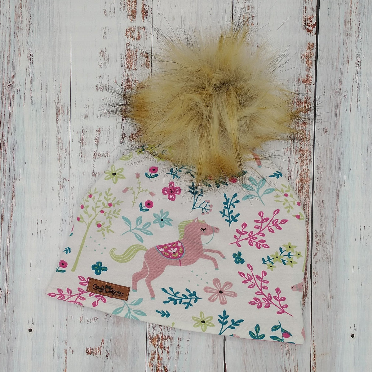 ENFANT - Tuque Printemps/Automne (JERSEY)  Pompon amovible - Fleur/Feuillage et Cheval/Licorne