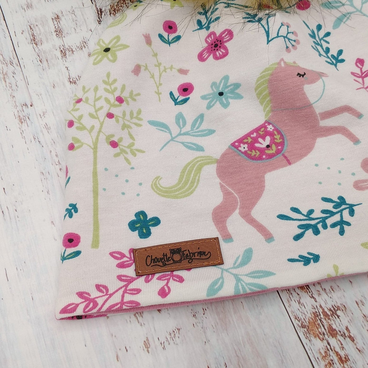 ENFANT - Tuque Printemps/Automne (JERSEY)  Pompon amovible - Fleur/Feuillage et Cheval/Licorne