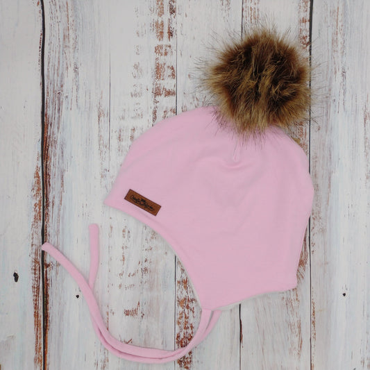 ENFANT - Tuque Hiver (POLAR) avec Cordons  Pompon amovible - Rose pâle