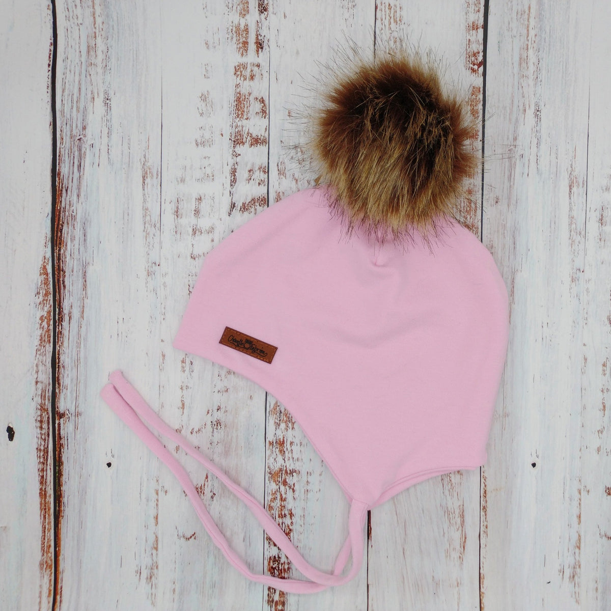 ENFANT - Tuque Printemps/Automne (JERSEY) avec Cordons  Pompon amovible - UNIE - Rose pâle