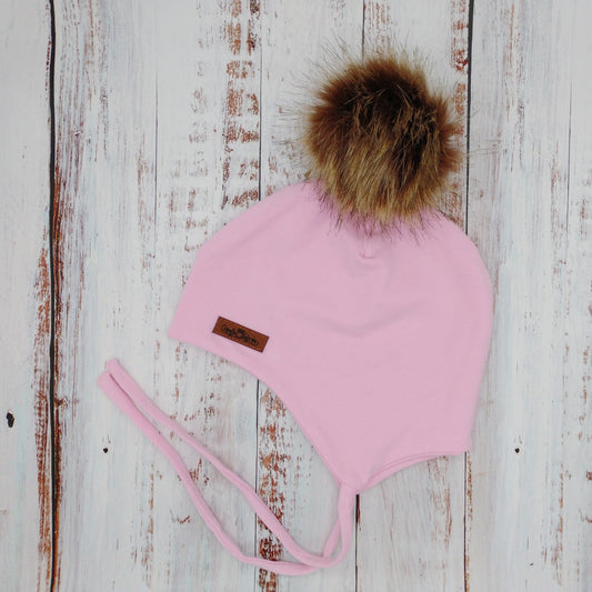 ADULTE - Tuque Printemps/Automne (JERSEY) avec Cordons Pompon amovible - UNIE - Rose pâle