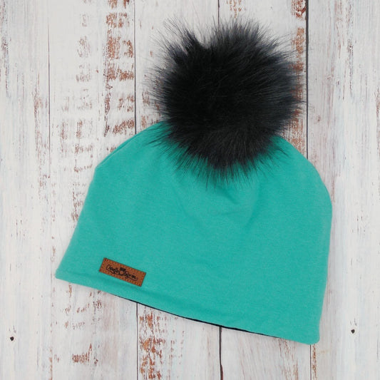 ADULTE - Tuque Printemps/Automne (JERSEY) Pompon amovible - UNIE - Turquoise