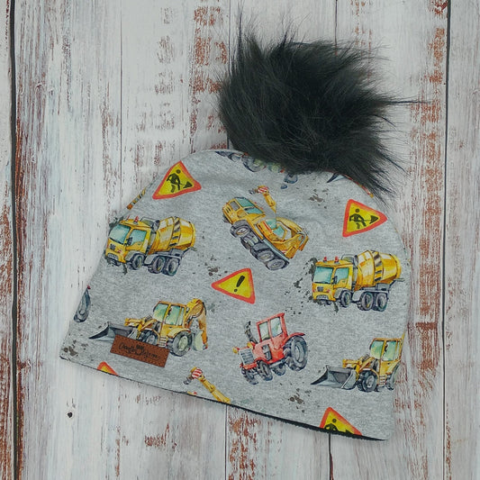 ENFANT - Tuque Hiver (POLAR) Pompon amovible - Camions Pelles & Tracteurs - Fond Gris