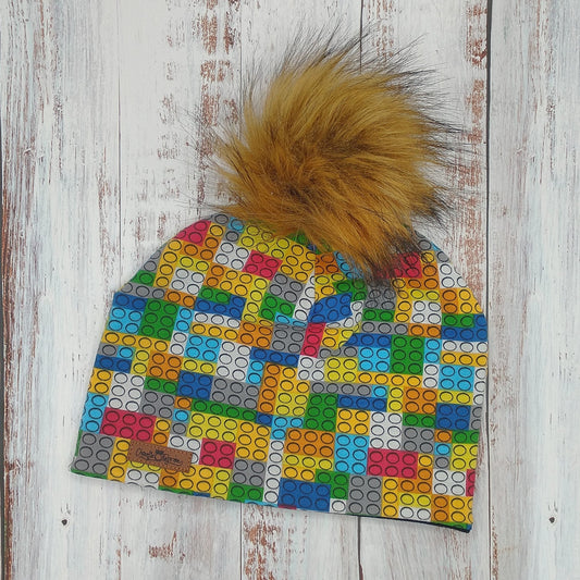 ENFANT - Tuque Printemps/Automne (JERSEY) Pompon amovible - Blocs "Style Lego"