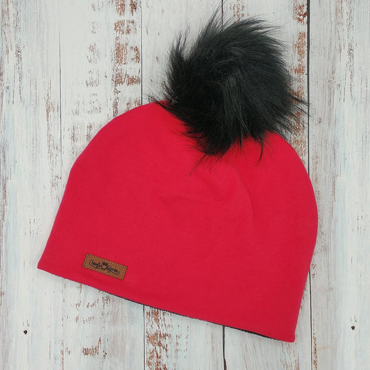 ADULTE - Tuque Printemps/Automne (JERSEY) Pompon amovible - UNIE - Rouge