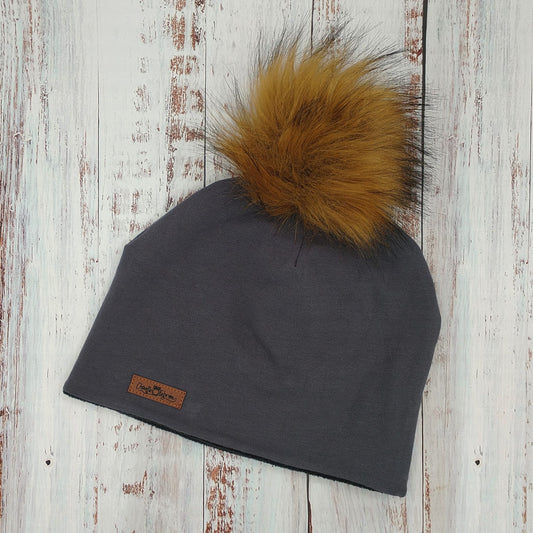 ADULTE - Tuque Printemps/Automne (JERSEY) Pompon amovible - UNIE - Gris foncé