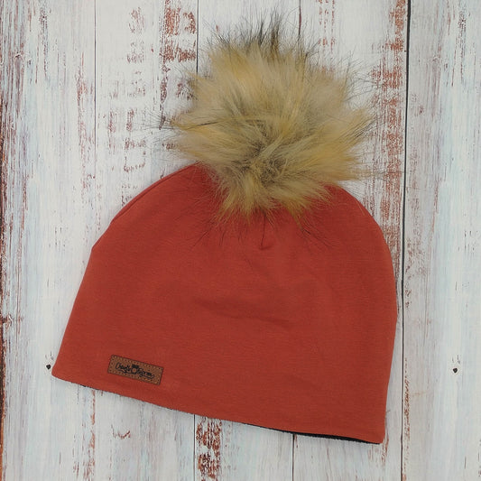 ADULTE - Tuque Printemps/Automne (JERSEY) Pompon amovible - UNIE - Rouille