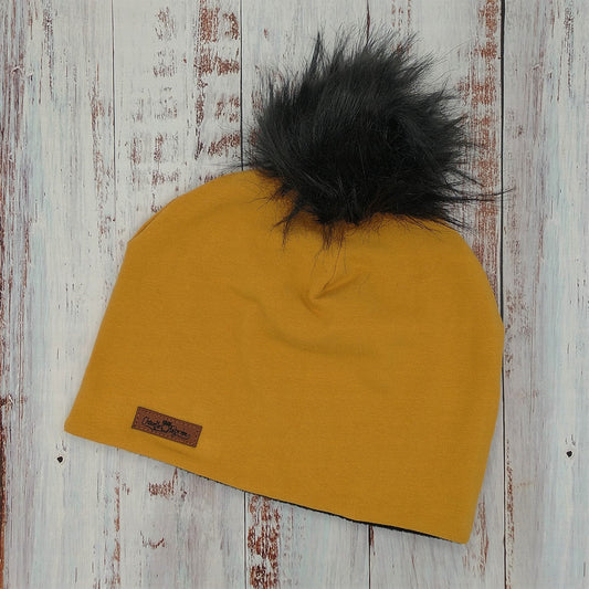 ADULTE - Tuque Printemps/Automne (JERSEY)  Pompon amovible - UNIE - Jaune Ocre