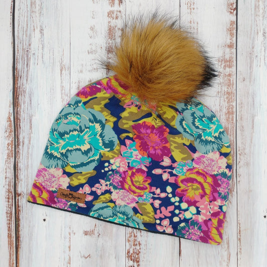 Tuque Printemps/Automne (JERSEY) Pompon amovible - Fleurs fuchsia & turquoise sur fond marine