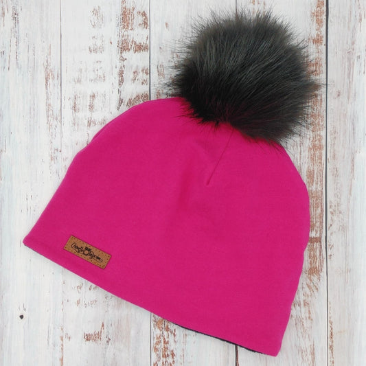 ADULTE - Tuque Printemps/Automne (JERSEY) Pompon amovible - UNIE - Fuchsia