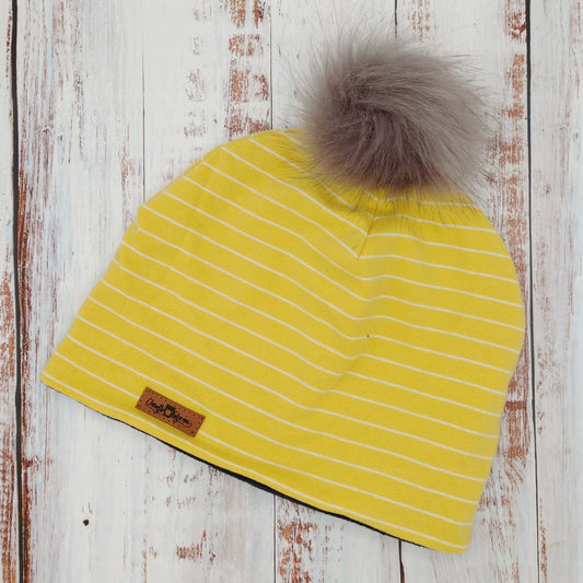 Tuque Printemps/Automne (JERSEY) Pompon amovible - Jaune - Lignes blanches