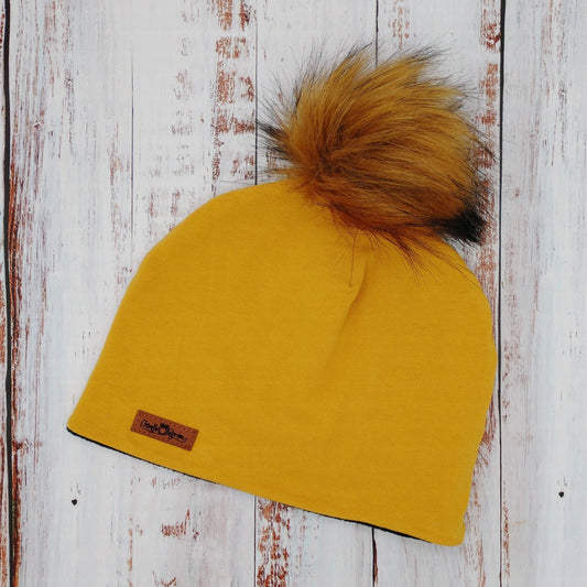 ADULTE - Tuque Printemps/Automne (JERSEY) Pompon amovible - UNIE - Moutarde