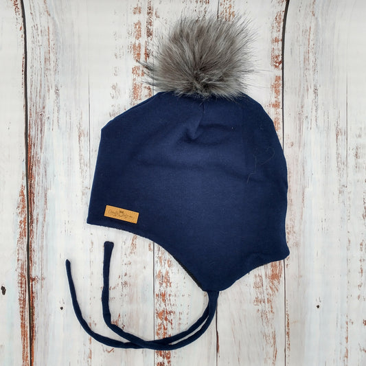 ENFANT - Tuque Printemps/Automne (JERSEY) avec Cordons Pompon amovible - UNIE - Marine