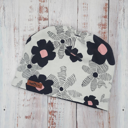 ENFANT - Tuque Printemps/Automne (JERSEY) avec trou pour couette de cheveux - Blanche/Fleurs noires