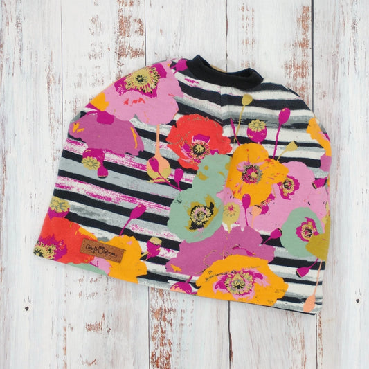 ADULTE - Tuque Printemps/Automne (JERSEY) avec trou pour couette de cheveux - Fleurs & Lignes Marine