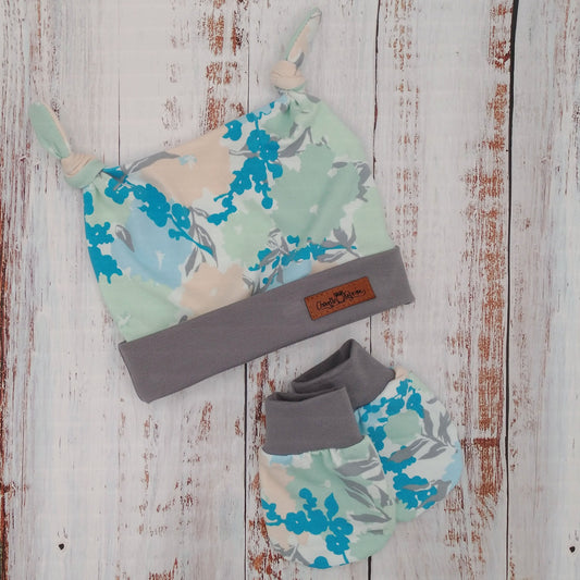 Ensemble de naissance pour bébé - Tuque (2 nœuds) et mitaines pour nouveau-né ou 0-3 mois - Menthe Corail - Bordure grise