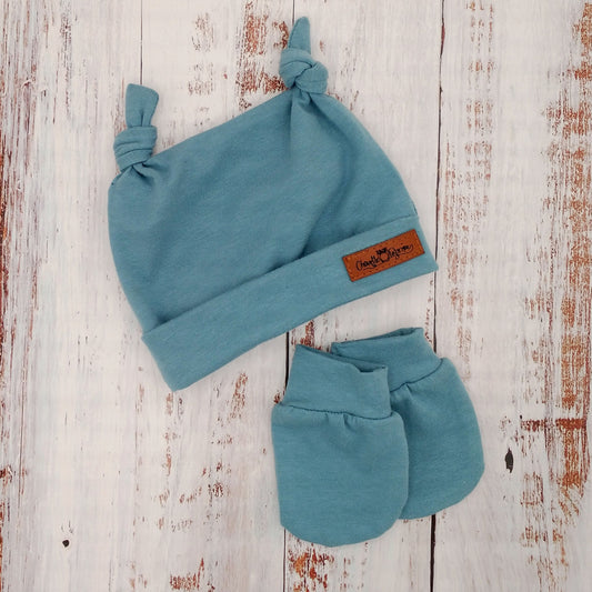 Ensemble de naissance pour bébé - Tuque (2 nœuds) et mitaines pour nouveau-né ou 0-3 mois - Bleu acier