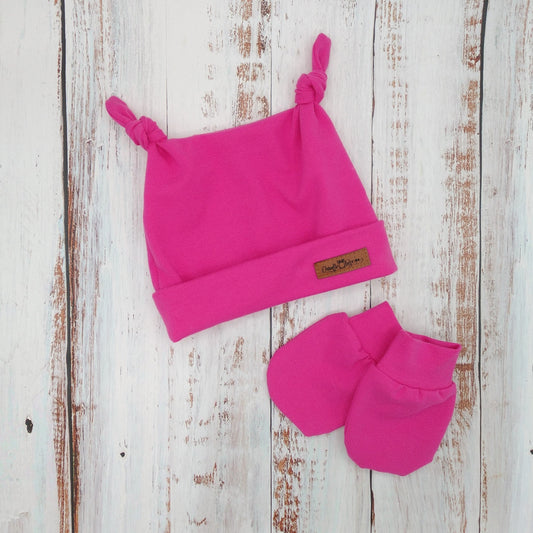 Ensemble de naissance pour bébé - Tuque (2 nœuds) et mitaines pour nouveau-né ou 0-3 mois - Fuschia
