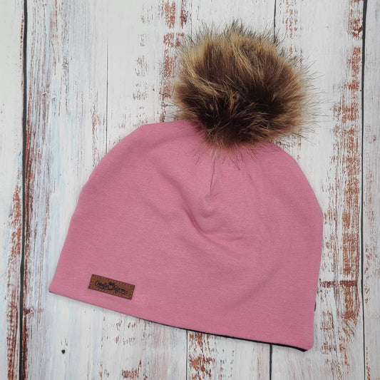 ENFANT - Tuque Printemps/Automne (JERSEY)  Pompon amovible - UNIE - Rose Antique