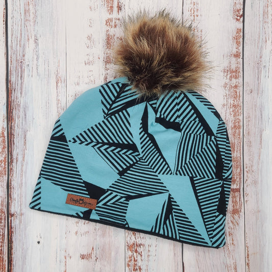 ADULTE - Tuque Printemps/Automne (JERSEY)  Pompon amovible - Motifs Noirs sur fond bleu