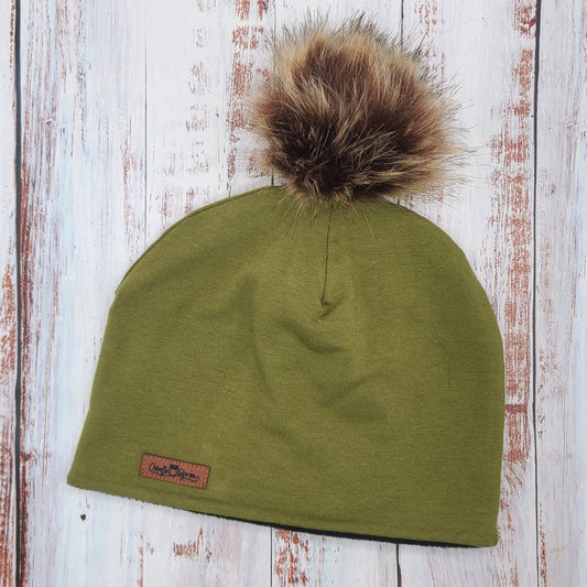 ADULTE - Tuque Printemps/Automne (JERSEY) Pompon amovible - UNIE - Olive