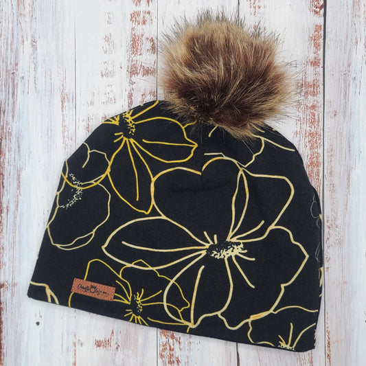 Tuque Printemps/Automne (JERSEY) Pompon amovible - Noire - Fleurs Jaunes
