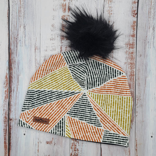 ADULTE - Tuque Printemps/Automne (JERSEY) Pompon amovible - Motifs Noir, Orange et "Moutarde"