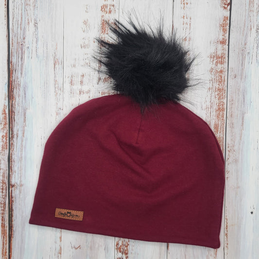 ADULTE - Tuque Printemps/Automne (JERSEY) Pompon amovible - UNIE - Rouge Vin