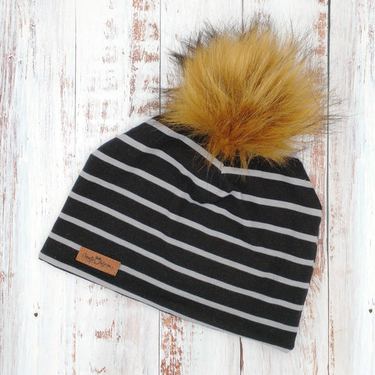 ADULTE - Tuque Printemps/Automne (JERSEY) Pompon amovible - Noire - Lignes grises