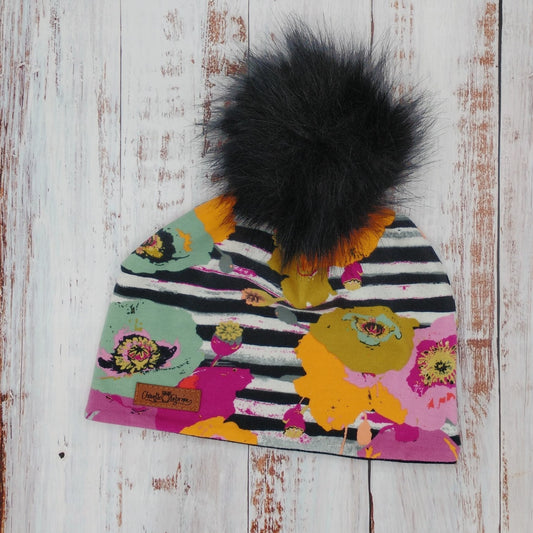 ENFANT - Tuque Printemps/Automne (JERSEY) Pompon amovible - Fleurs & Lignes Marine