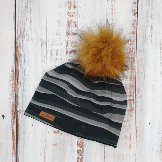 ENFANT - Tuque Printemps/Automne (JERSEY) Pompon amovible - Lignes ondulées - Noir et gris