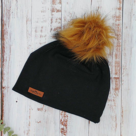 ENFANT - Tuque Printemps/Automne (JERSEY) Pompon amovible - UNIE - Noire