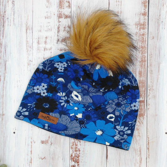 ADULTE - Tuque Printemps/Automne (JERSEY) Pompon amovible - Fleurs bleues - Fond marine