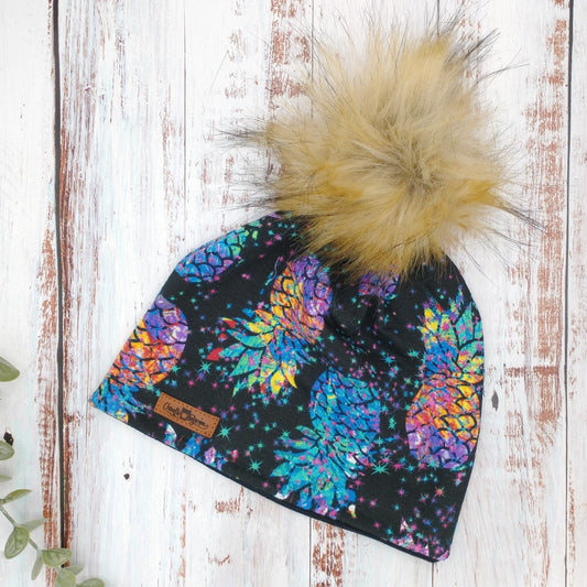 ENFANT - Tuque Printemps/Automne (JERSEY) Pompon amovible - Ananas - Fond noir