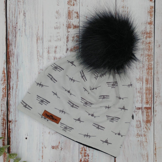 ENFANT - Tuque Printemps/Automne (JERSEY) Pompon amovible - Avions grises - Pewter