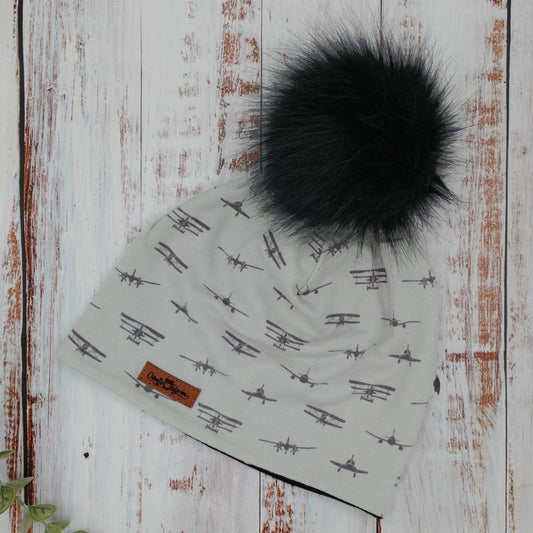 Tuque Printemps/Automne (JERSEY) Pompon amovible - Avions grises - Pewter